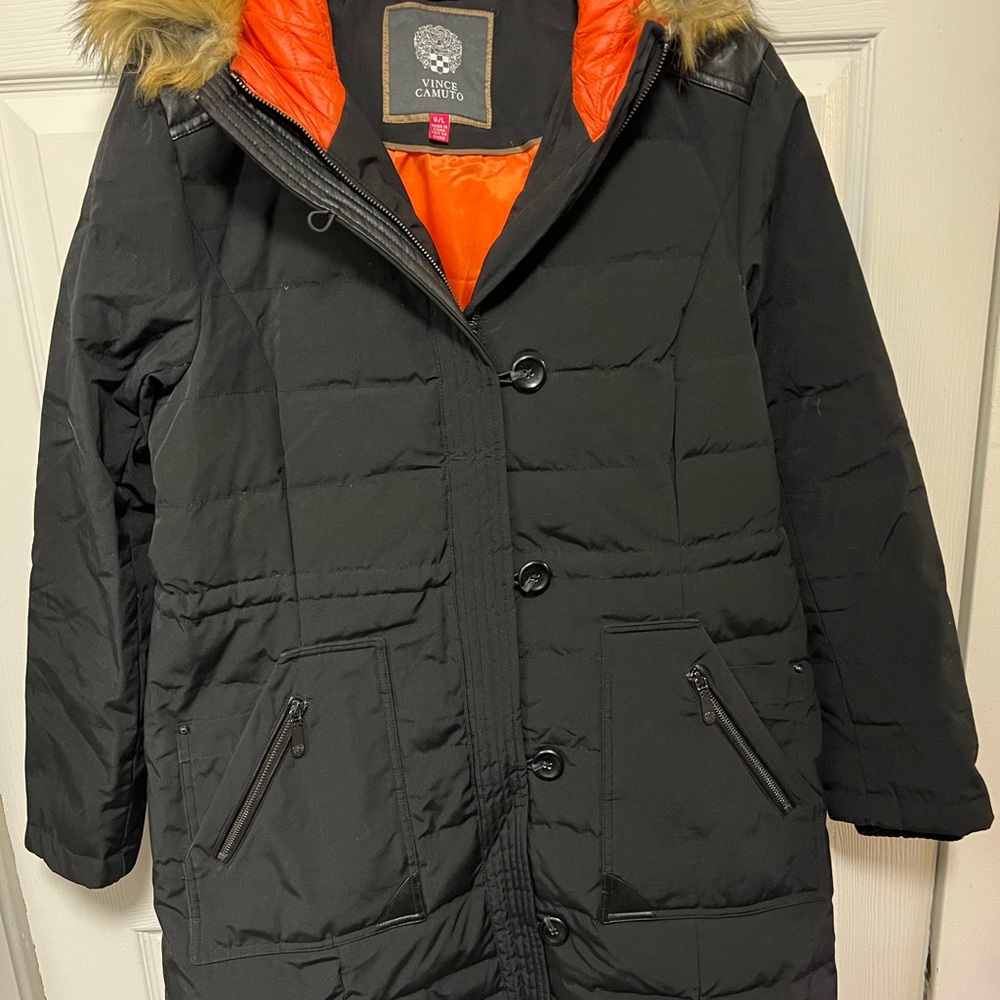Vince Camuto Ladies Mid-Length Winter Coat Faux Fur Hood Orange Lining | Size LG